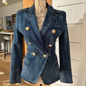 DENIM 💙 Double Breasted Blue Jean Fitted "IT" BLAZER Jacket Yacht Club Chic